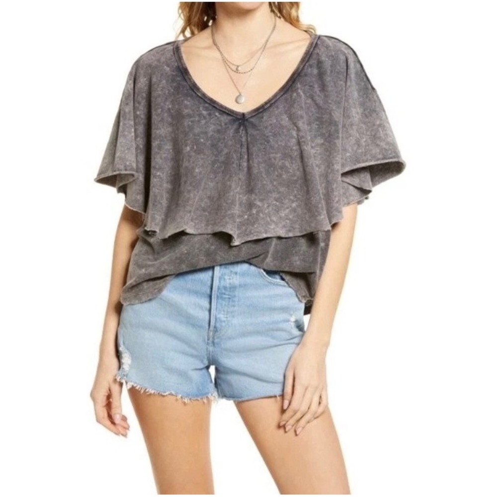 Free People Girl Talk Layered Gray Acid Wash Ruffle Front V-Neck Top Size XS